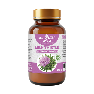 Bottle of Macrobiotic World Milk Thistle superfood powder with a purple label on a white background