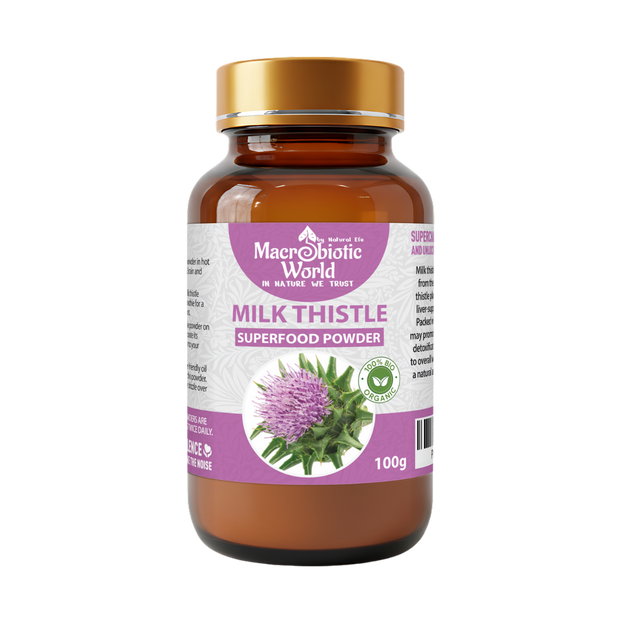 Bottle of Macrobiotic World Milk Thistle superfood powder with a purple label on a white background