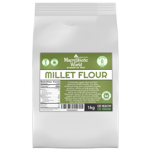 Bag of Macrobiotic World Millet Flour on a white background