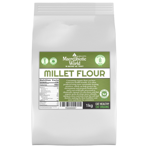 Bag of Macrobiotic World Millet Flour on a white background
