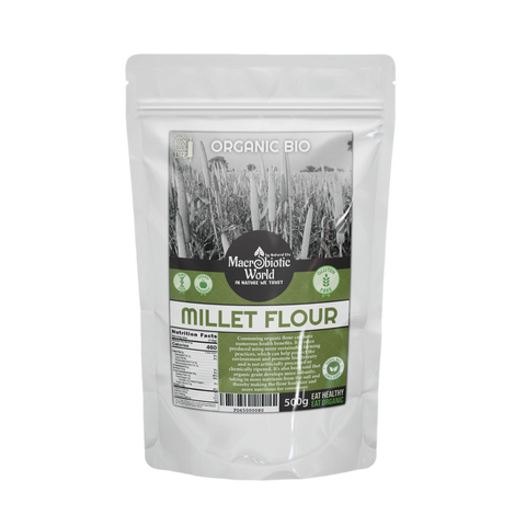 Package of Macrobiotic World Organic Bio Millet Flour on a white background