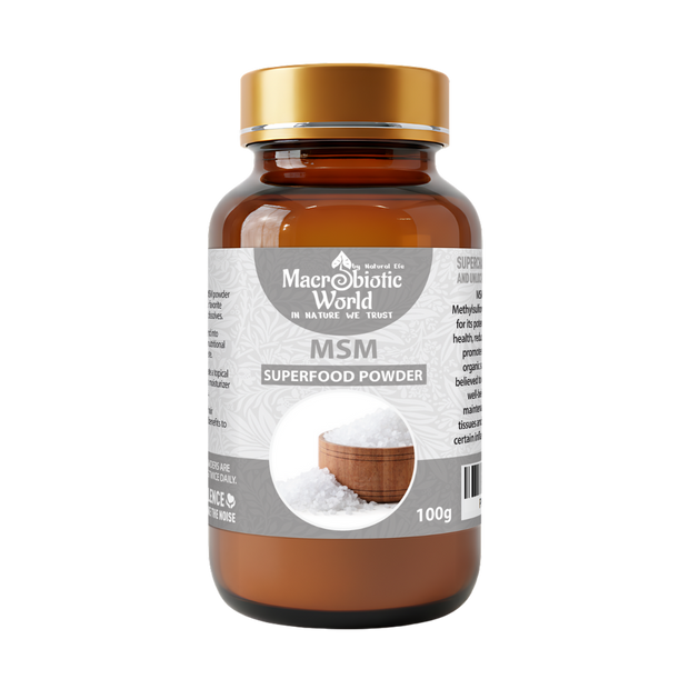 Bottle of Macrobiotic World MSM Superfood Powder on a white background