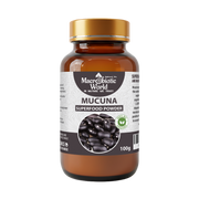 Bottle of Macrobiotic World Mucuna Superfood Powder on a white background