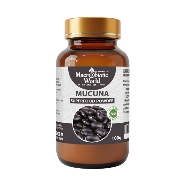 Bottle of Macrobiotic World Mucuna Superfood Powder on a white background