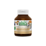 Bottle of Mushroom Complex capsules by Macrobiotic World on a white background
