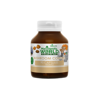 Bottle of Mushroom Complex capsules by Macrobiotic World on a white background