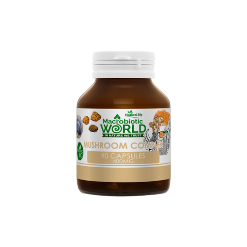 Bottle of Mushroom Complex capsules by Macrobiotic World on a white background