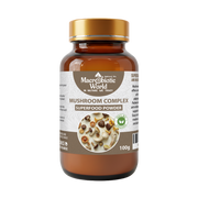 Mushroom complex superfood powder bottle with label on a white background