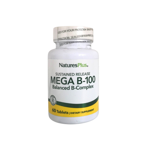 NaturesPlus Mega B-100 Balanced B-Complex supplement bottle on a white background