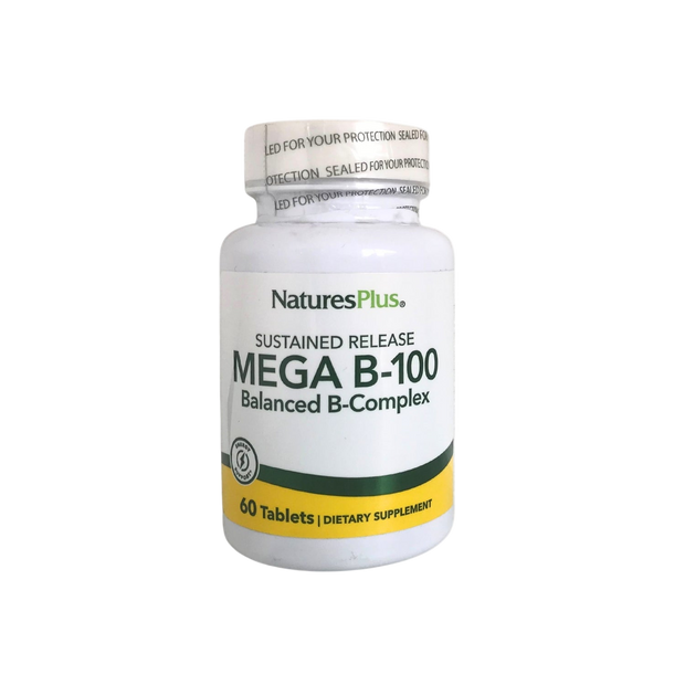 NaturesPlus Mega B-100 Balanced B-Complex supplement bottle on a white background