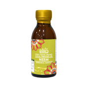 Bottle of Neem oil with a colorful label on a white background