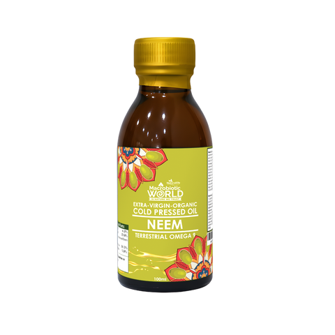 Bottle of Neem oil with a colorful label on a white background