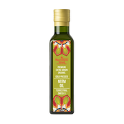 Bottle of organic neem oil with a colorful label on a white background