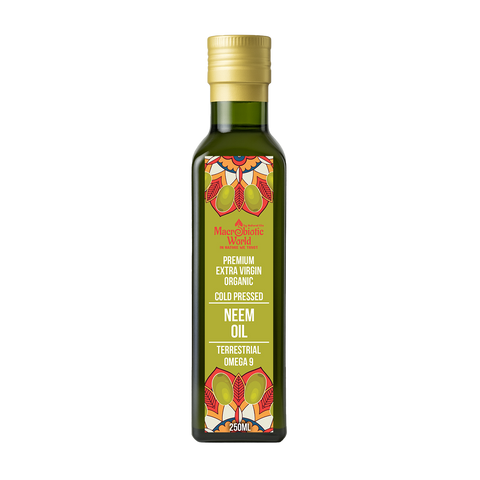 Bottle of organic neem oil with a colorful label on a white background
