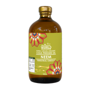 Bottle of Macrobiotic World Neem oil on a white background