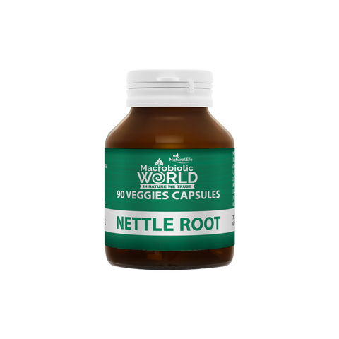 Bottle of Nettle Root capsules from Macrobiotic World on a white background