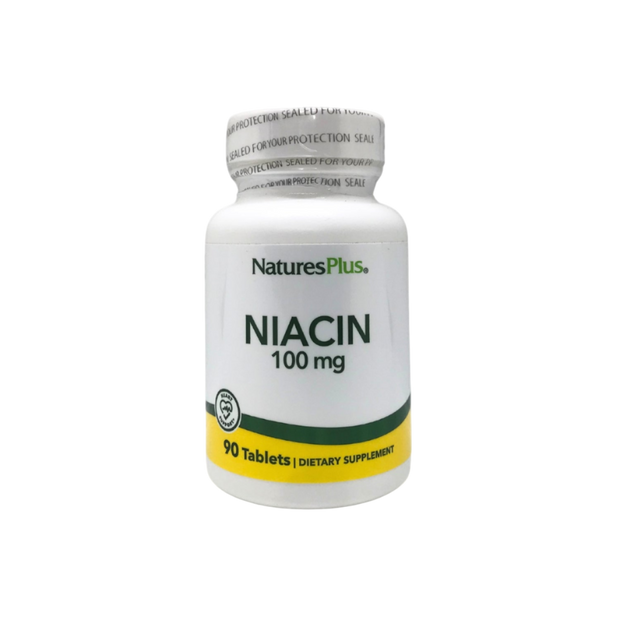 NaturesPlus Niacin 100 mg supplement bottle on a white background