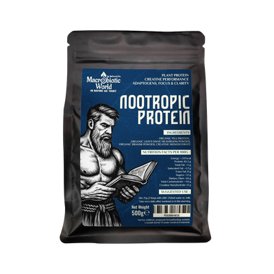 Nootropic Protein package with a man holding a book on a white background
