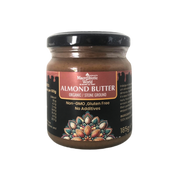 Jar of almond butter with decorative label on a white background