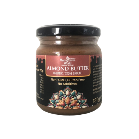 Jar of almond butter with decorative label on a white background