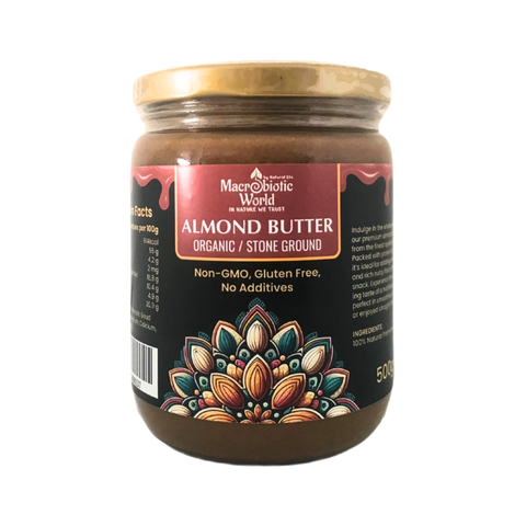 Jar of almond butter with decorative label on a white background