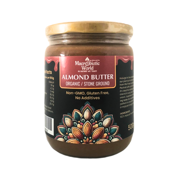 Jar of almond butter with decorative label on a white background