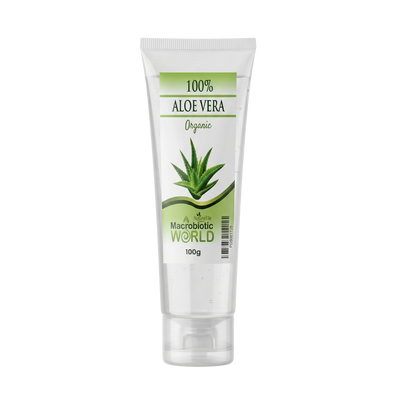 Aloe vera gel tube with green label on a white background