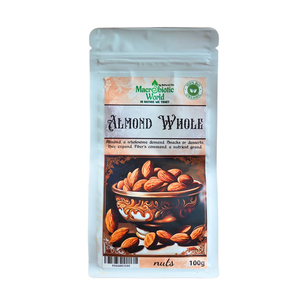 Package of almond whole nuts with a brand logo on a white background