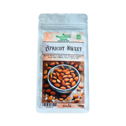 Package of apricot sweet nuts with a brand logo on a white background