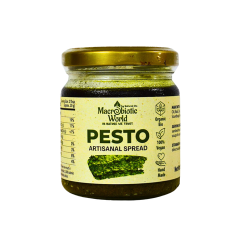 Jar of Pesto Artisanal Spread with a gold lid on a white background