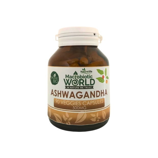 Bottle of Macrobiotic World Ashwagandha capsules on a white background