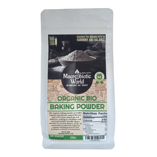 Package of Macrobiotic World Organic Bio Baking Powder on a white background