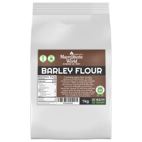 Bag of Macrobiotic World Barley Flour on a white background