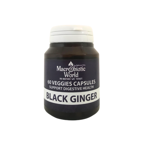 Jar of Macrobiotic World Black Ginger capsules on a white background