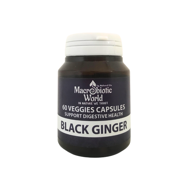 Jar of Macrobiotic World Black Ginger capsules on a white background