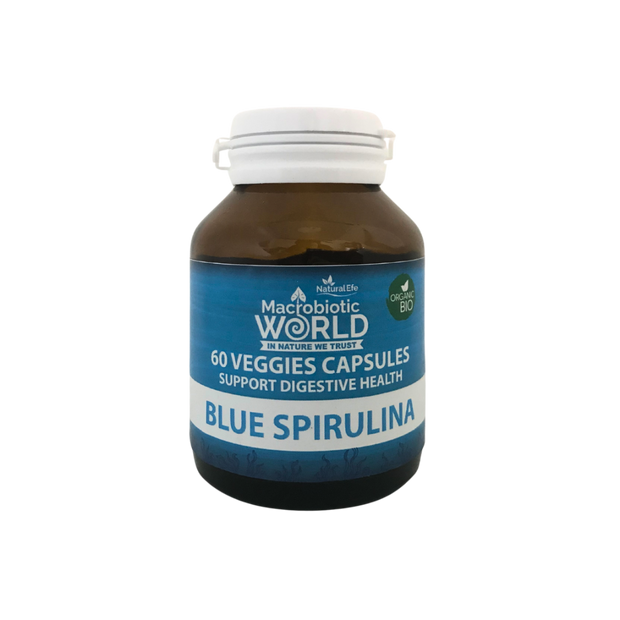 Bottle of Blue Spirulina capsules with a blue label on a white background