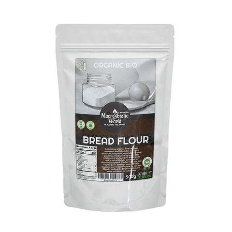 Bag of organic bread flour with a visible label on a white background