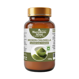 Macrobiotic World Broken Chlorella superfood powder bottle on a white background