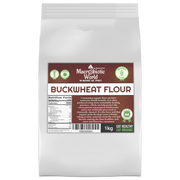 Bag of buckwheat flour with a label on a white background