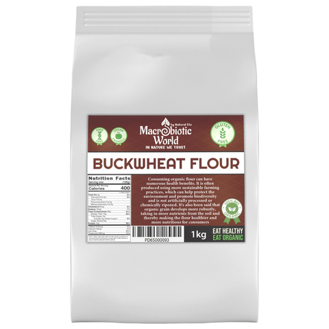Bag of buckwheat flour with a label on a white background