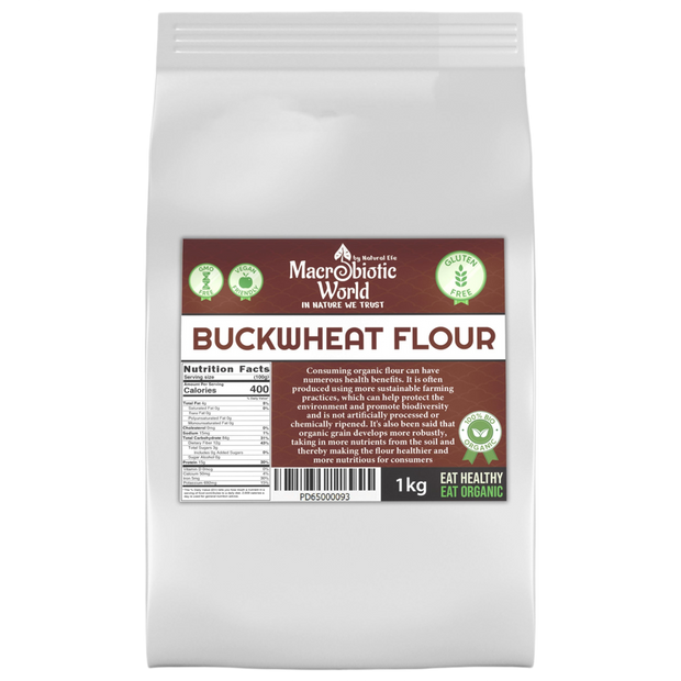 Bag of buckwheat flour with a label on a white background