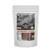 Bag of Organic Bio buckwheat flour with a visible label on a white background