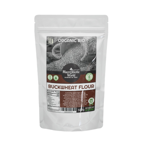 Bag of Organic Bio buckwheat flour with a visible label on a white background
