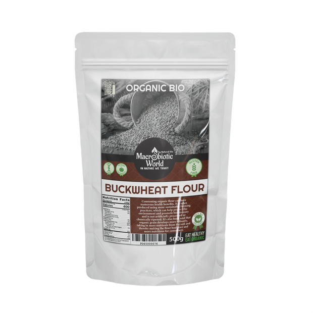 Bag of Organic Bio buckwheat flour with a visible label on a white background