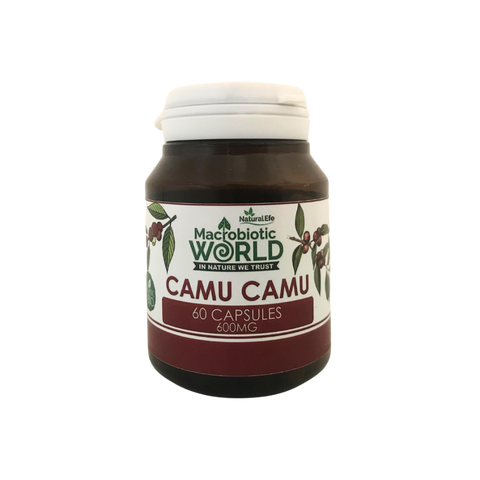 Jar of Macrobiotic World Camu Camu capsules on a white background