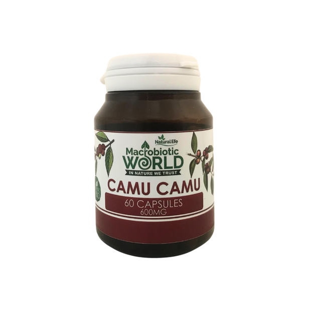 Jar of Macrobiotic World Camu Camu capsules on a white background