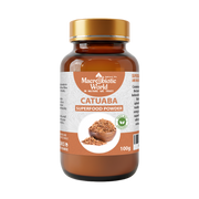Bottle of Macrobiotic World Catuaba Superfood Powder on a white background
