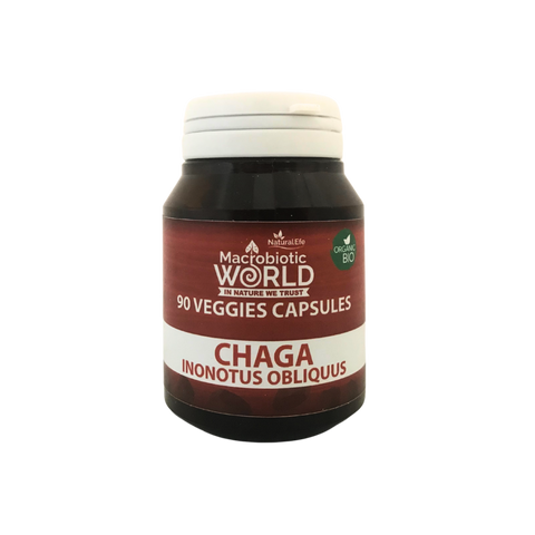 Jar of Chaga Inonotus Oblivius capsules from Macrobiotic World on a white background