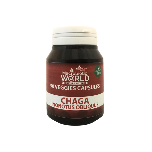 Jar of Chaga Inonotus Oblivius capsules from Macrobiotic World on a white background