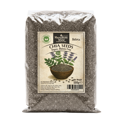 Bag of chia seeds with a label on a white background